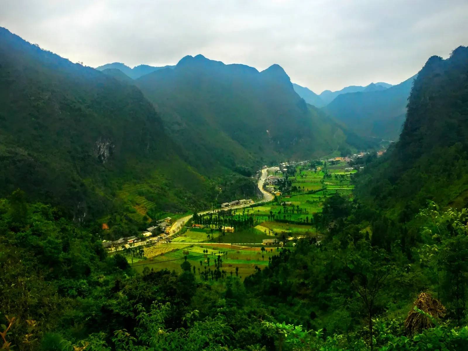 The green Sung La valley between karst mountains